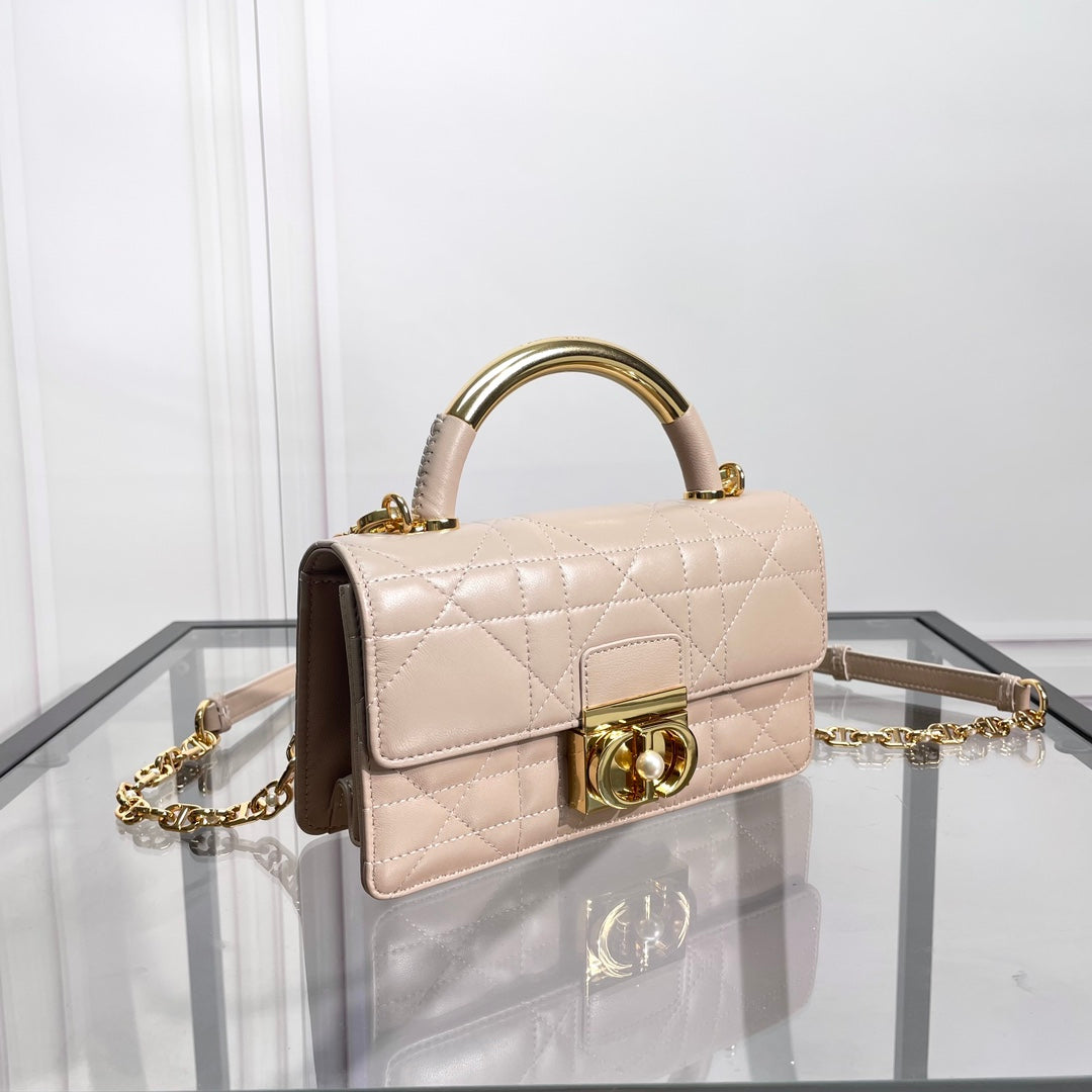 Luxury Quilted Nude Leather Top Handle Bag with Gold Chain Strap