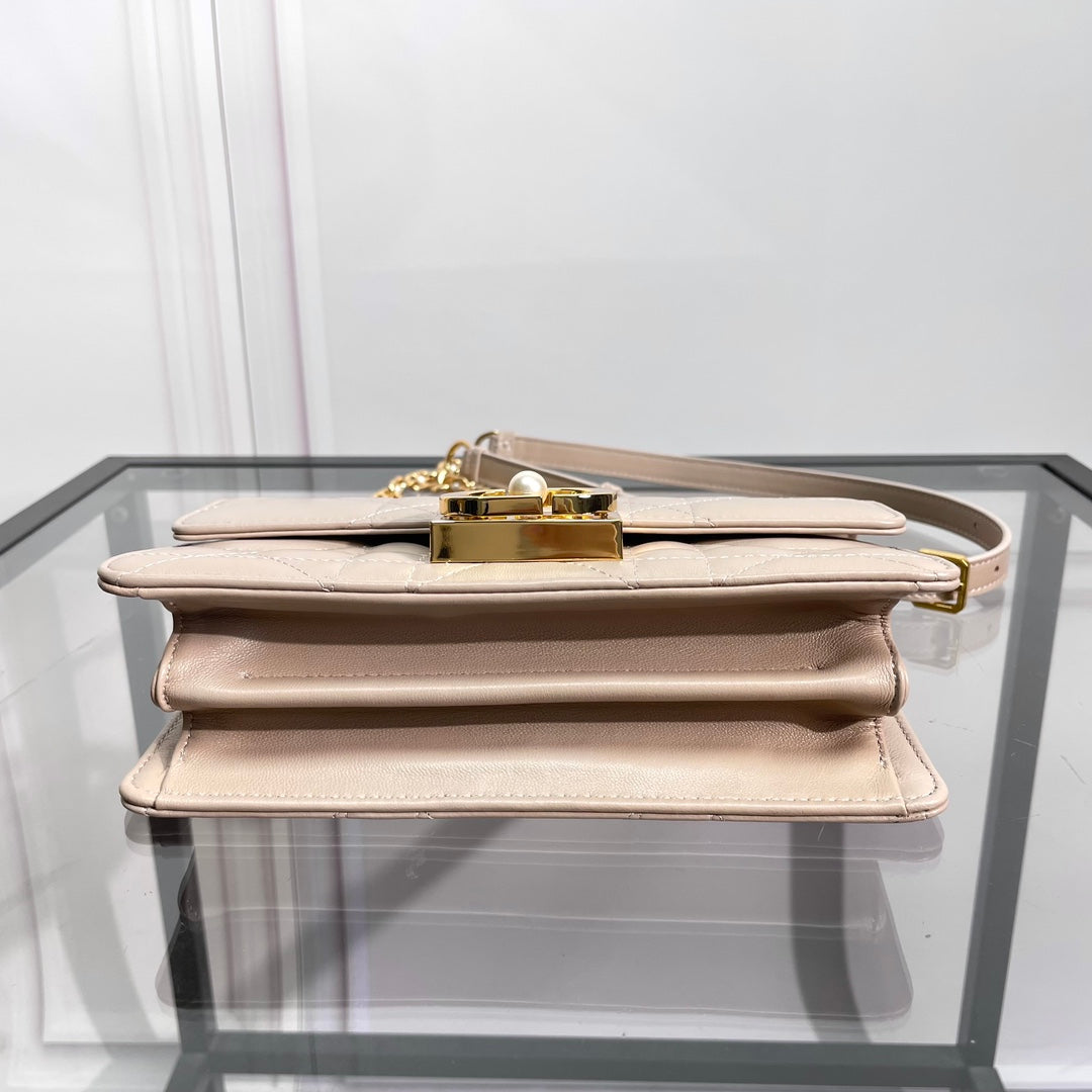 Luxury Quilted Nude Leather Top Handle Bag with Gold Chain Strap