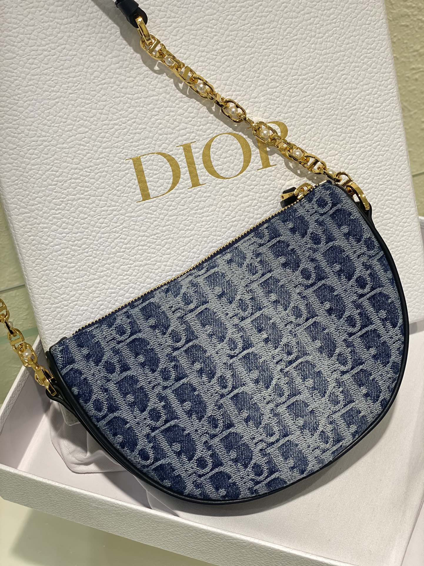 Christian Dior Blue Oblique Jacquard Small Hobo Bag with Gold-Tone Hardware