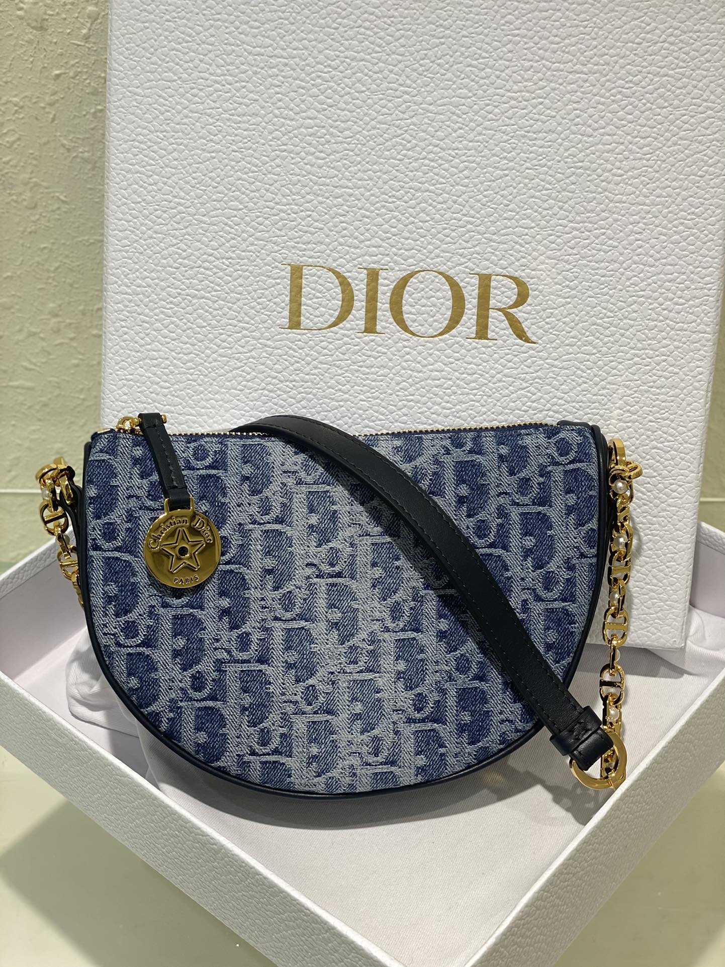 Christian Dior Blue Oblique Jacquard Small Hobo Bag with Gold-Tone Hardware