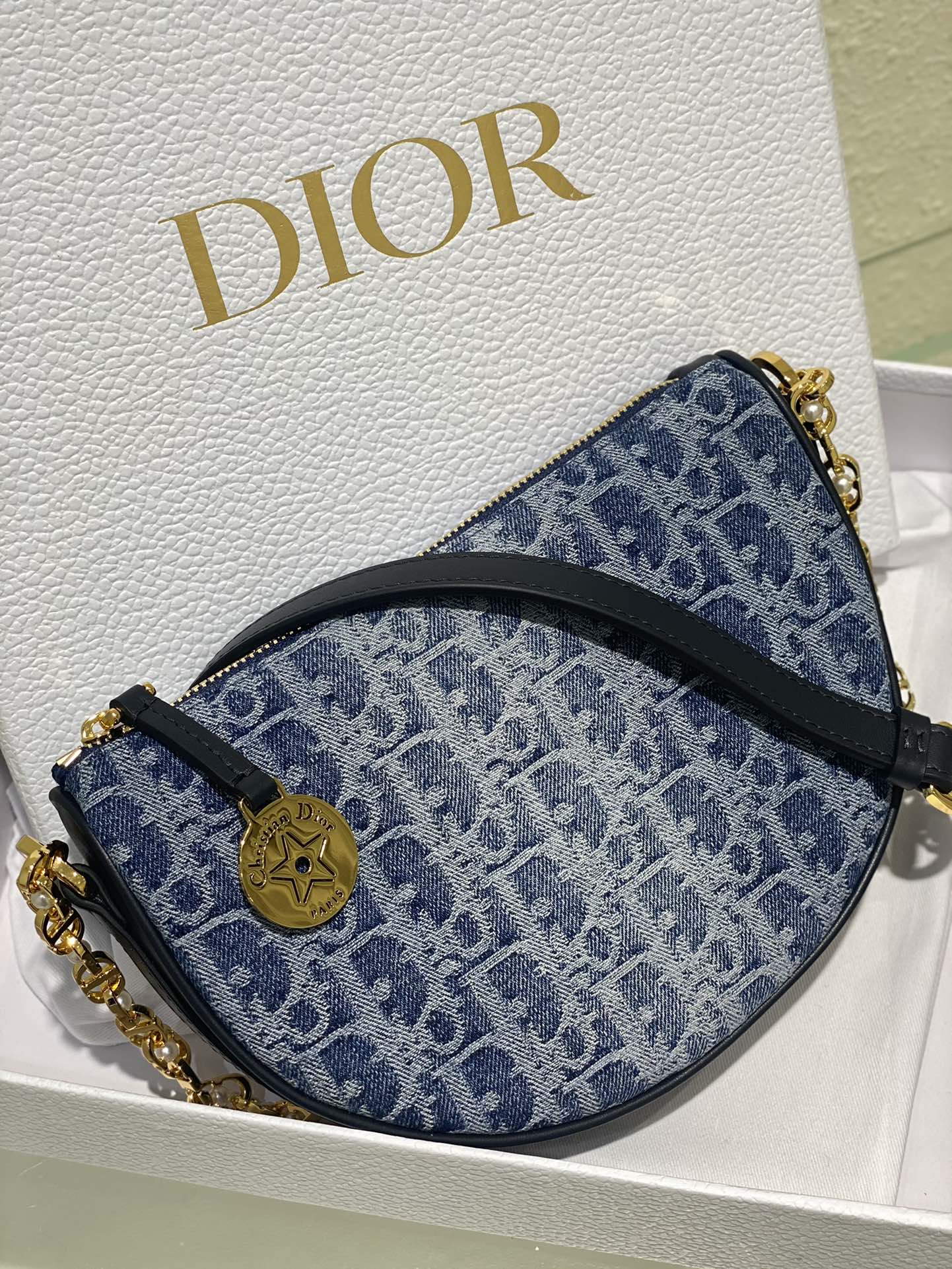 Christian Dior Blue Oblique Jacquard Small Hobo Bag with Gold-Tone Hardware