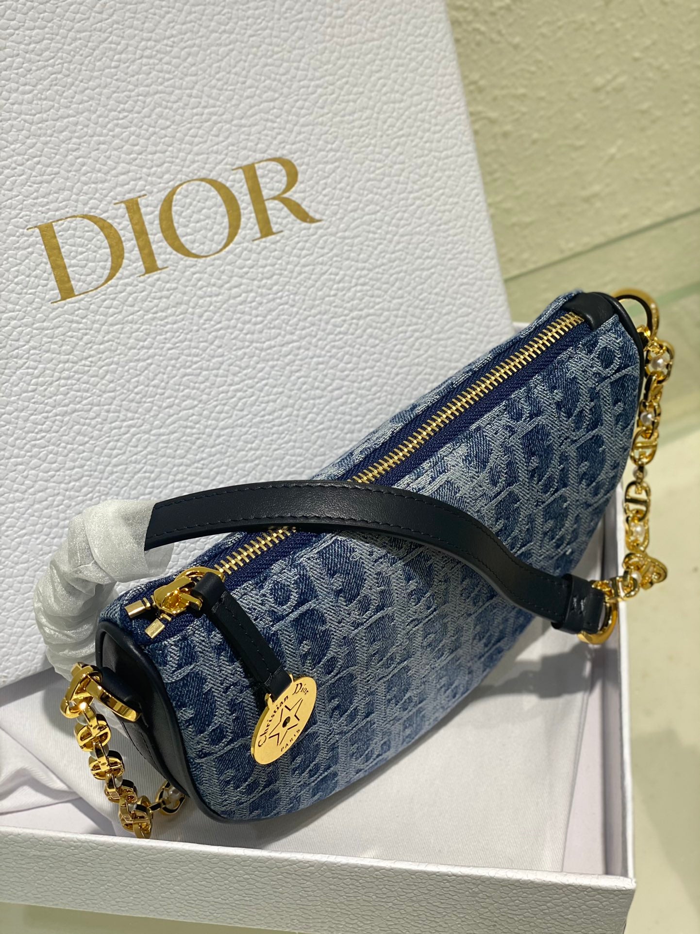 Christian Dior Blue Oblique Jacquard Small Hobo Bag with Gold-Tone Hardware