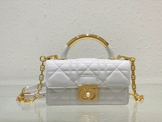 White Quilted Leather Mini Top Handle Bag with Gold Chain Strap