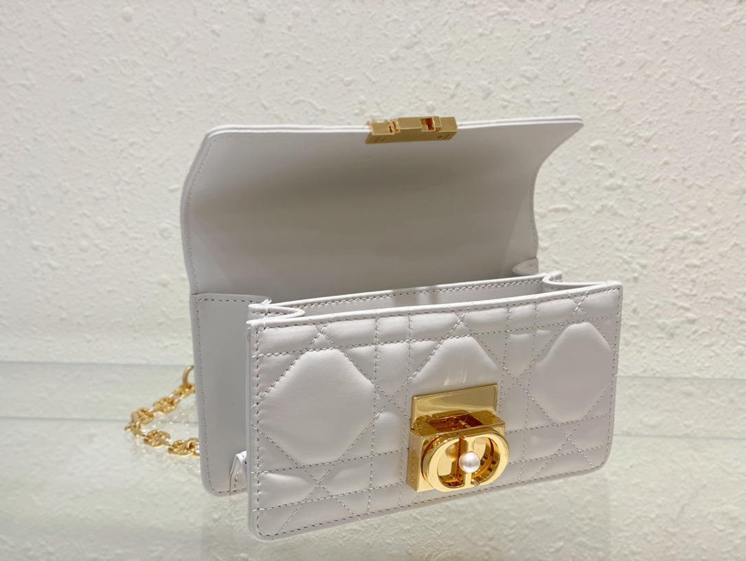 White Quilted Leather Mini Top Handle Bag with Gold Chain Strap