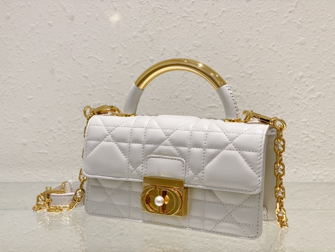 Dior Classic White Quilted Leather Top Handle Bag with Gold Chain