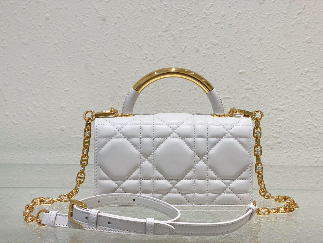 White Quilted Leather Mini Top Handle Bag with Gold Chain Strap
