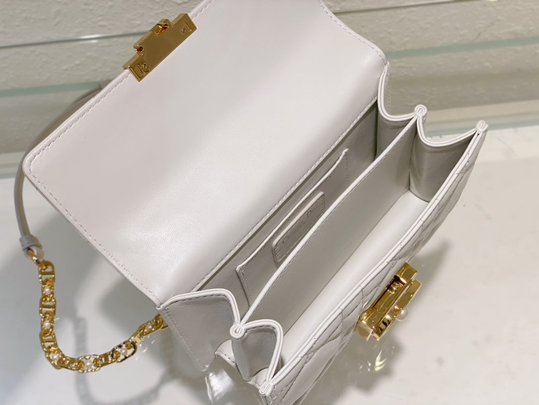 White Quilted Leather Mini Top Handle Bag with Gold Chain Strap
