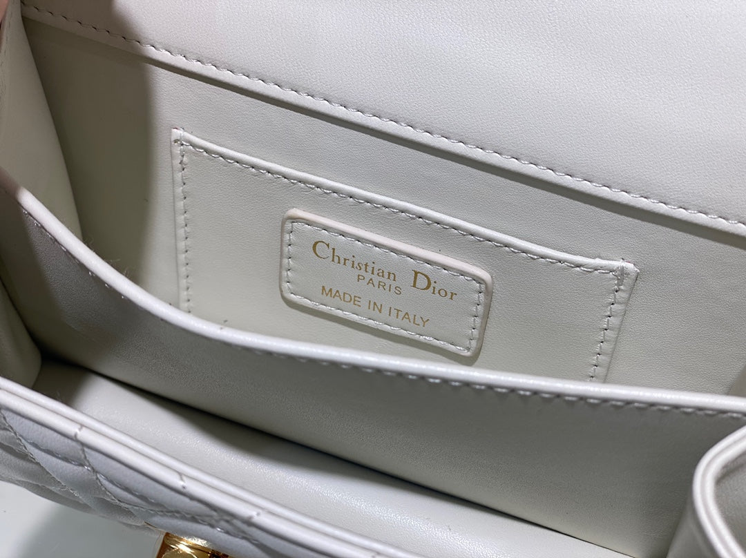 White Quilted Leather Mini Top Handle Bag with Gold Chain Strap