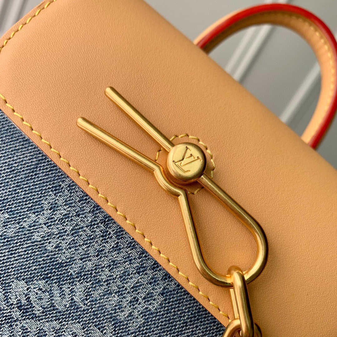 Louis Vuitton Mini Blue Denim Checkered Shoulder Bag with Tan Leather Trim