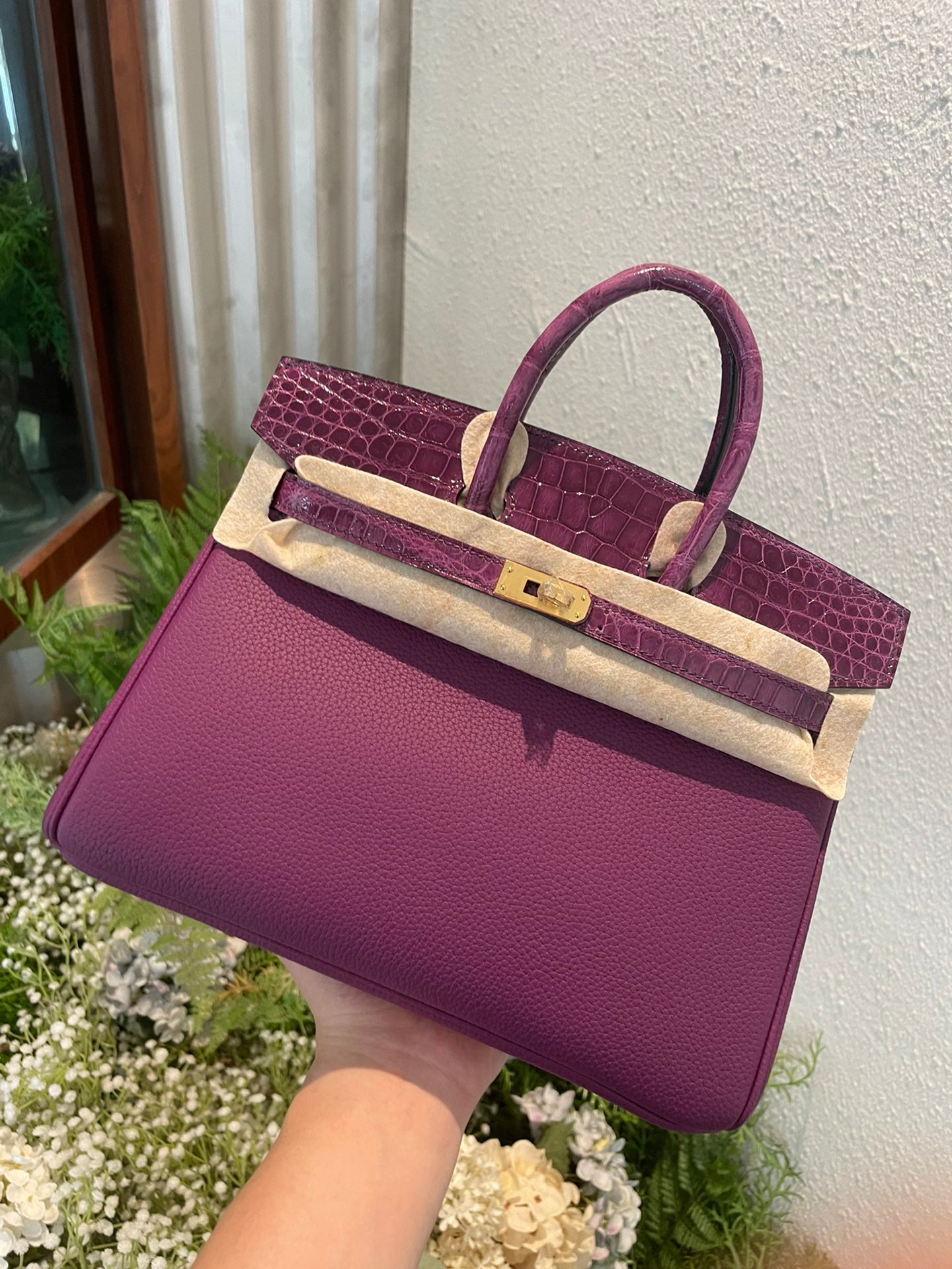 Elegant Purple Two-Tone Leather Satchel Handbag with Crocodile Texture