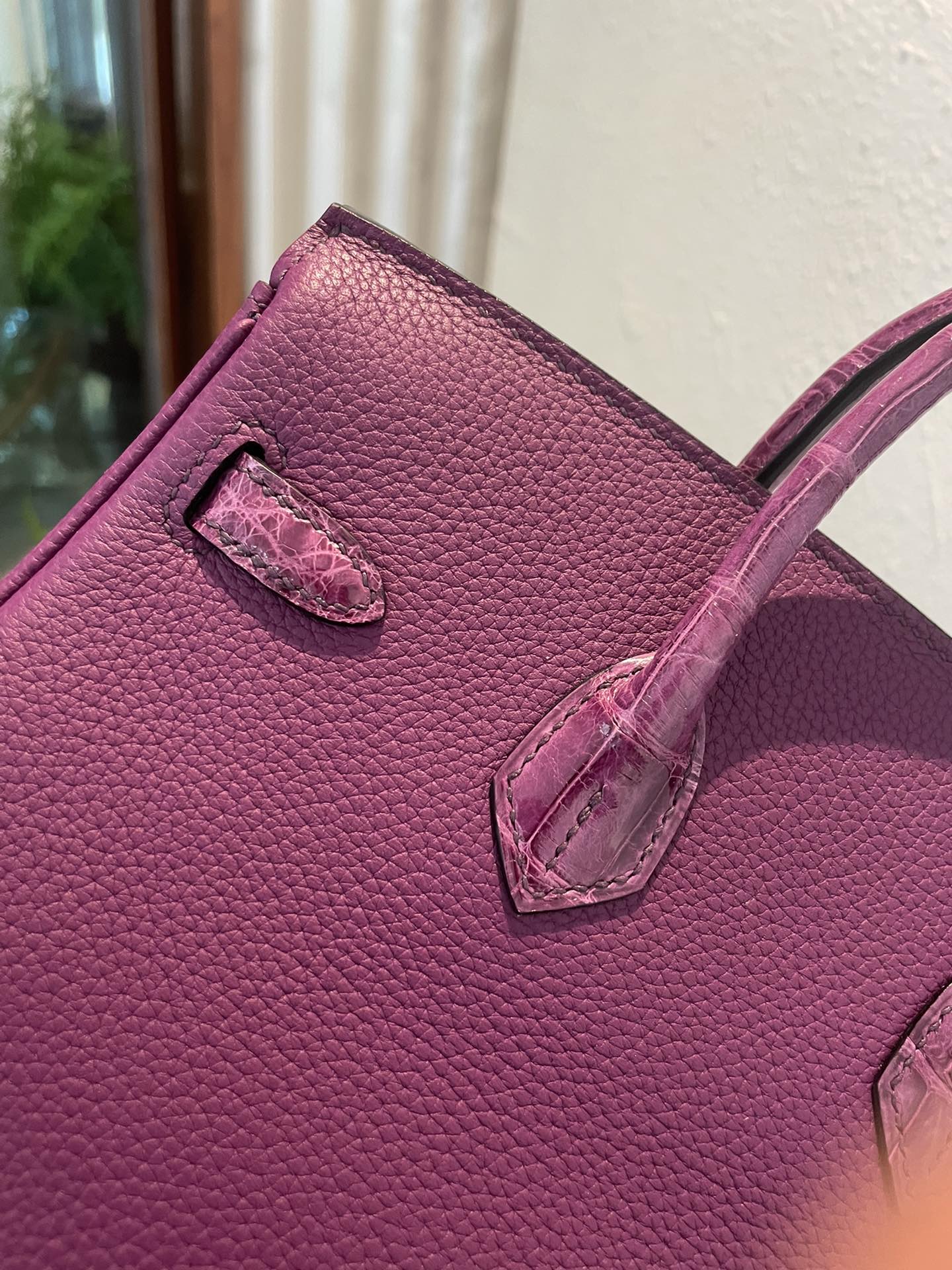 Elegant Purple Two-Tone Leather Satchel Handbag with Crocodile Texture