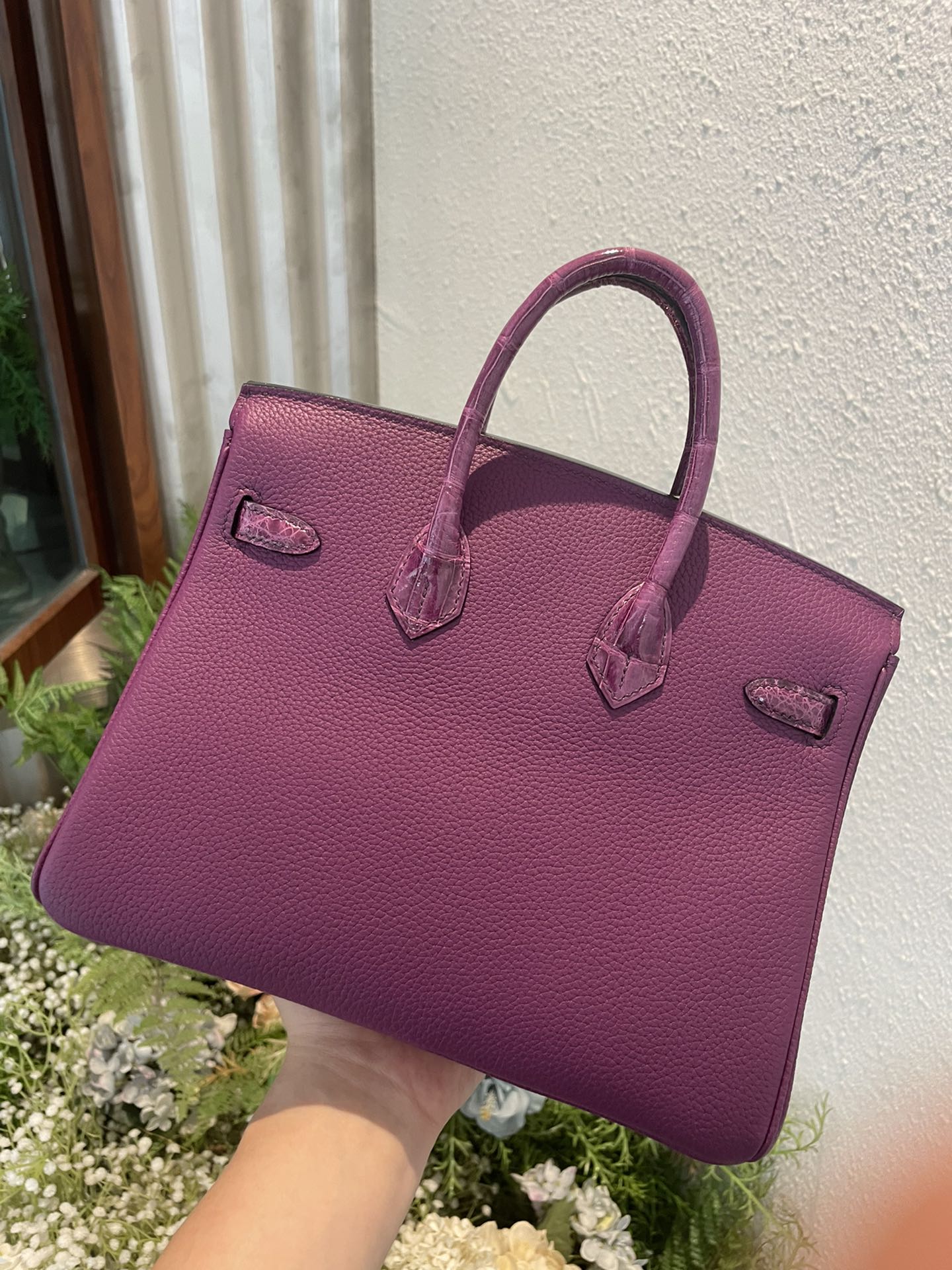 Elegant Purple Two-Tone Leather Satchel Handbag with Crocodile Texture