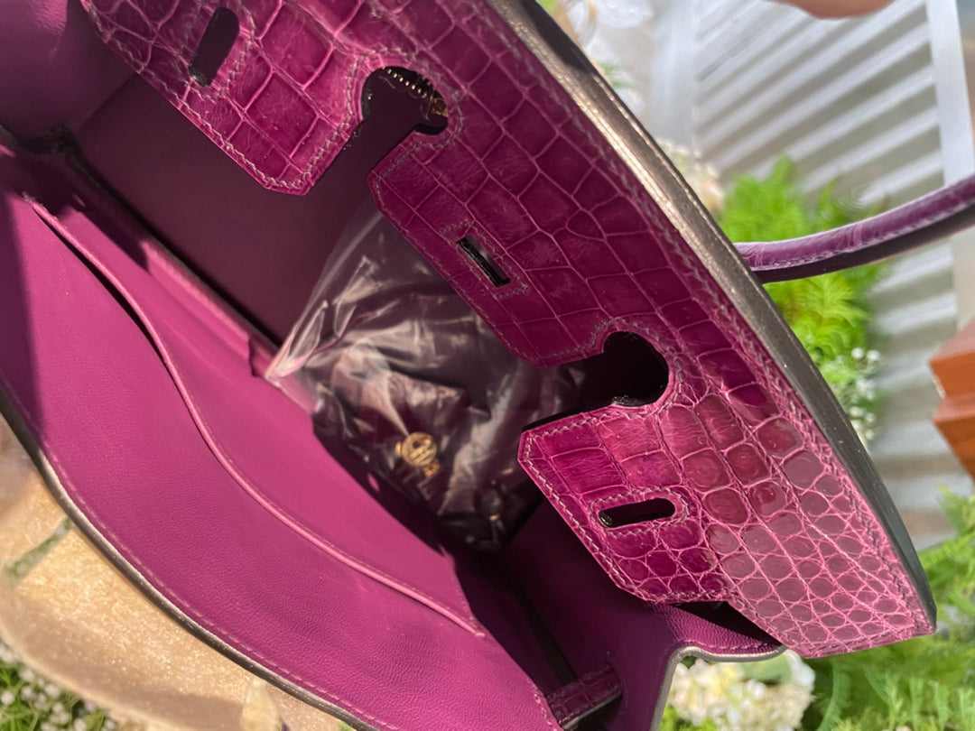 Elegant Purple Two-Tone Leather Satchel Handbag with Crocodile Texture