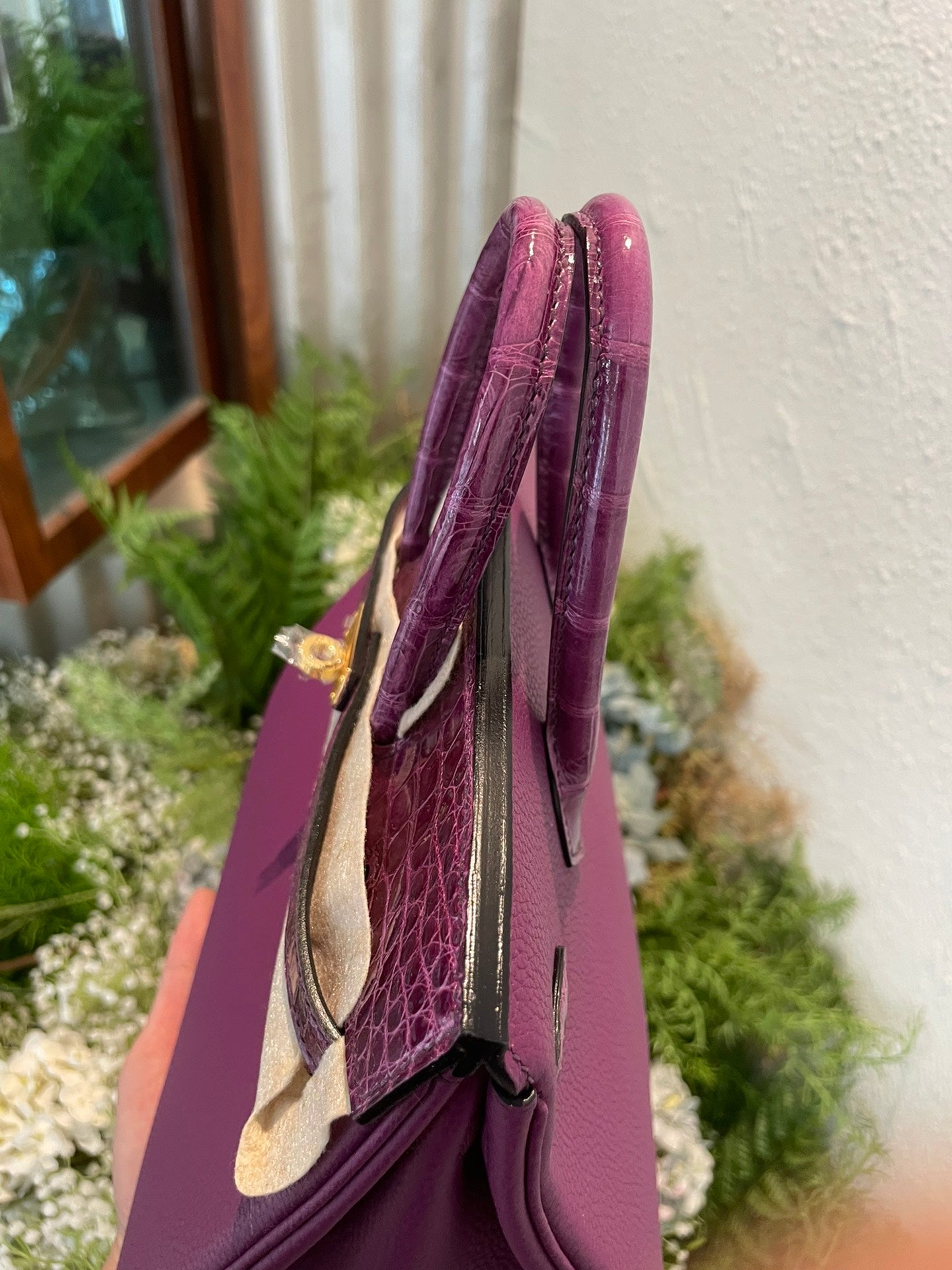 Elegant Purple Two-Tone Leather Satchel Handbag with Crocodile Texture