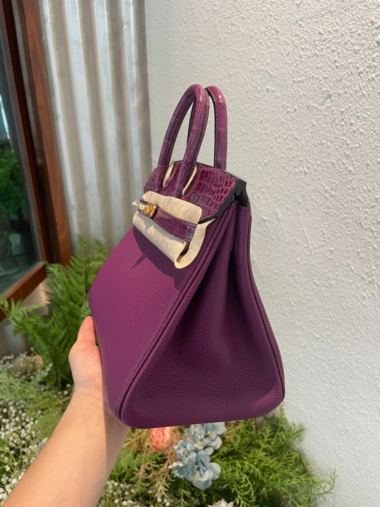 Elegant Purple Two-Tone Leather Satchel Handbag with Crocodile Texture
