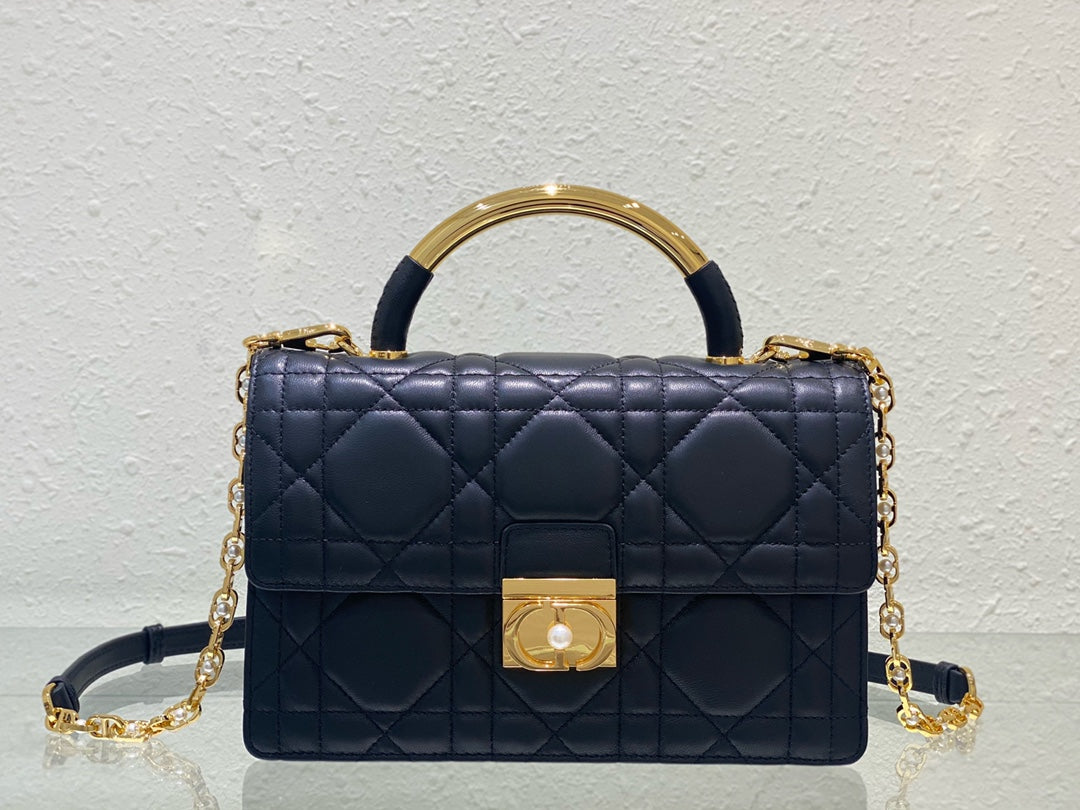Dior Miss Dior Quilted Lambskin Top Handle Bag - Navy Blue