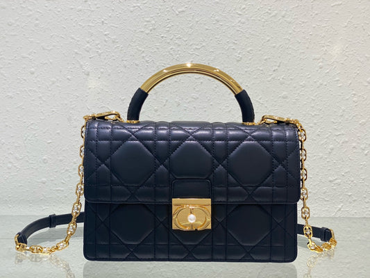 Dior Miss Dior Quilted Lambskin Top Handle Bag - Navy Blue