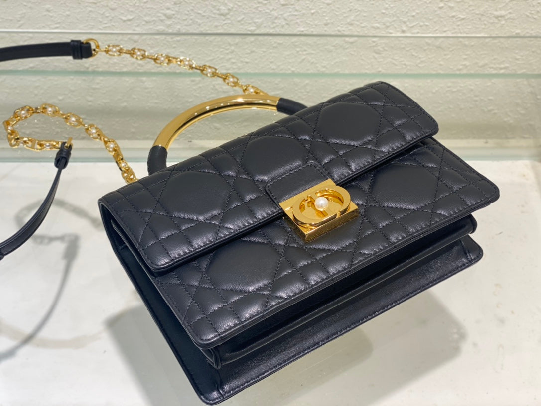 Luxury Quilted Leather Top Handle Bag - Navy Blue with Gold-Tone Chain