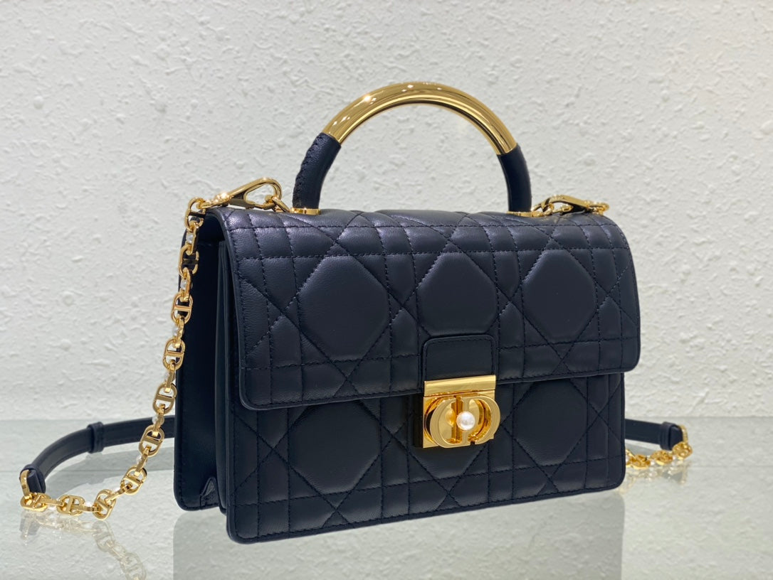 Luxury Quilted Leather Top Handle Bag - Navy Blue with Gold-Tone Chain