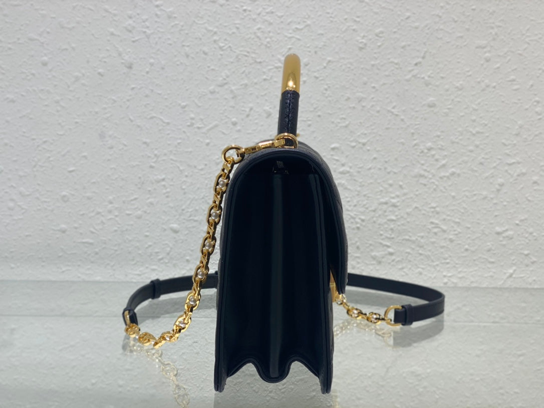 Luxury Quilted Leather Top Handle Bag - Navy Blue with Gold-Tone Chain