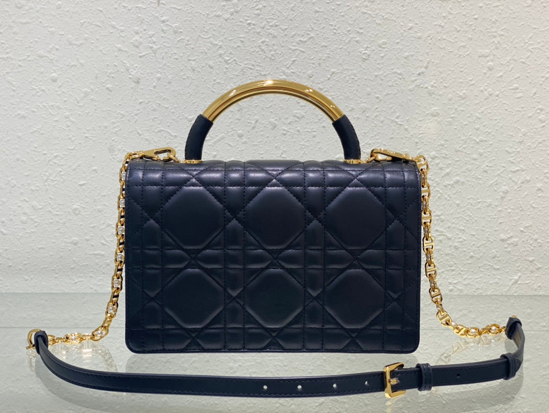 Luxury Quilted Leather Top Handle Bag - Navy Blue with Gold-Tone Chain
