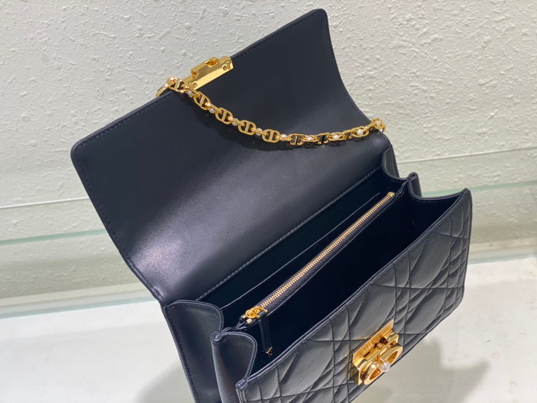 Luxury Quilted Leather Top Handle Bag - Navy Blue with Gold-Tone Chain