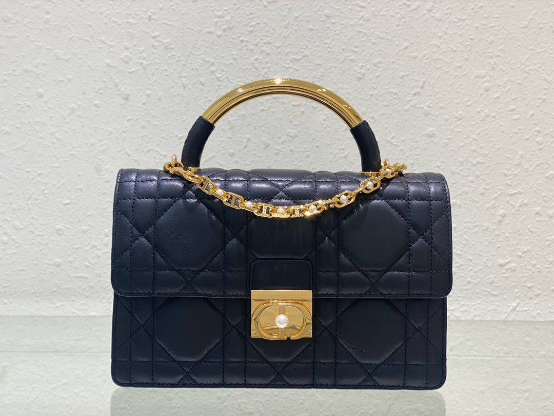 Luxury Quilted Leather Top Handle Bag - Navy Blue with Gold-Tone Chain