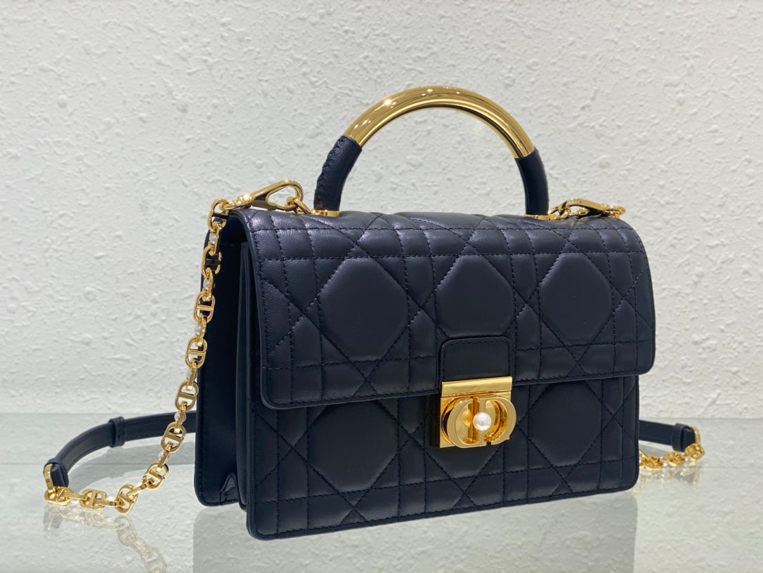 Luxury Quilted Leather Top Handle Bag - Navy Blue with Gold-Tone Chain