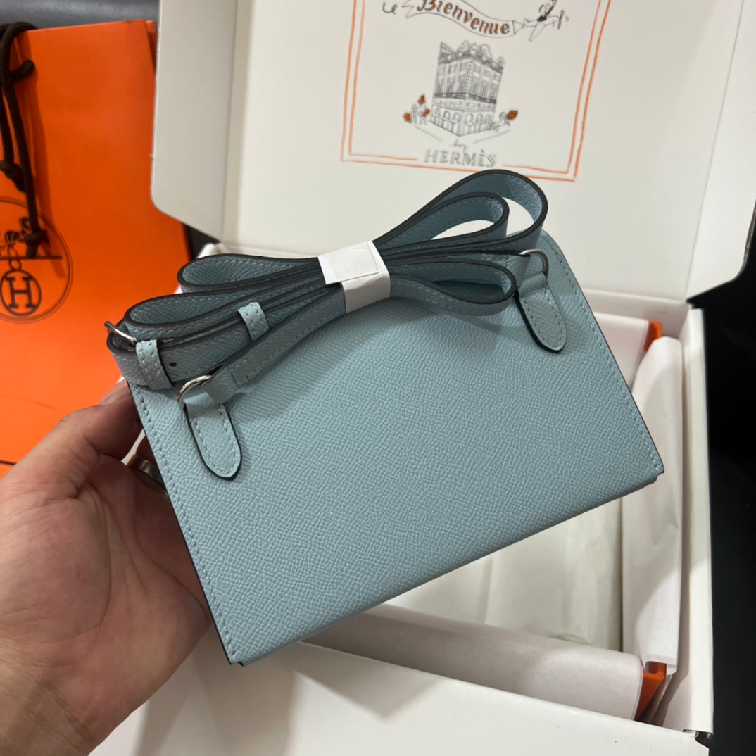 Hermès Click Mini Card Holder Wallet with Strap - Light Blue Leather