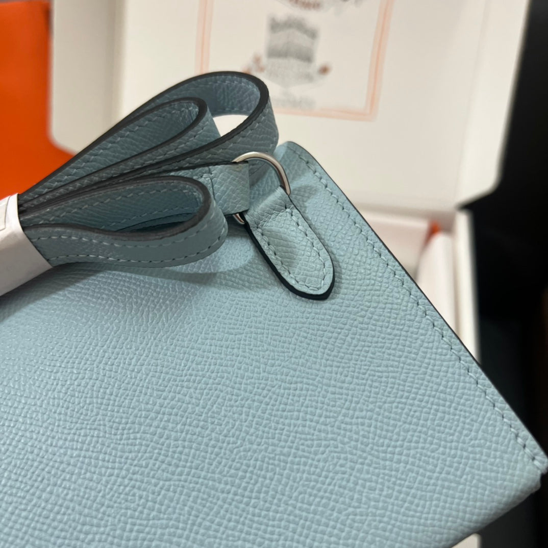 Hermès Click Mini Card Holder Wallet with Strap - Light Blue Leather