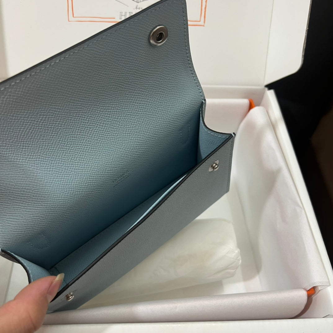 Hermès Click Mini Card Holder Wallet with Strap - Light Blue Leather