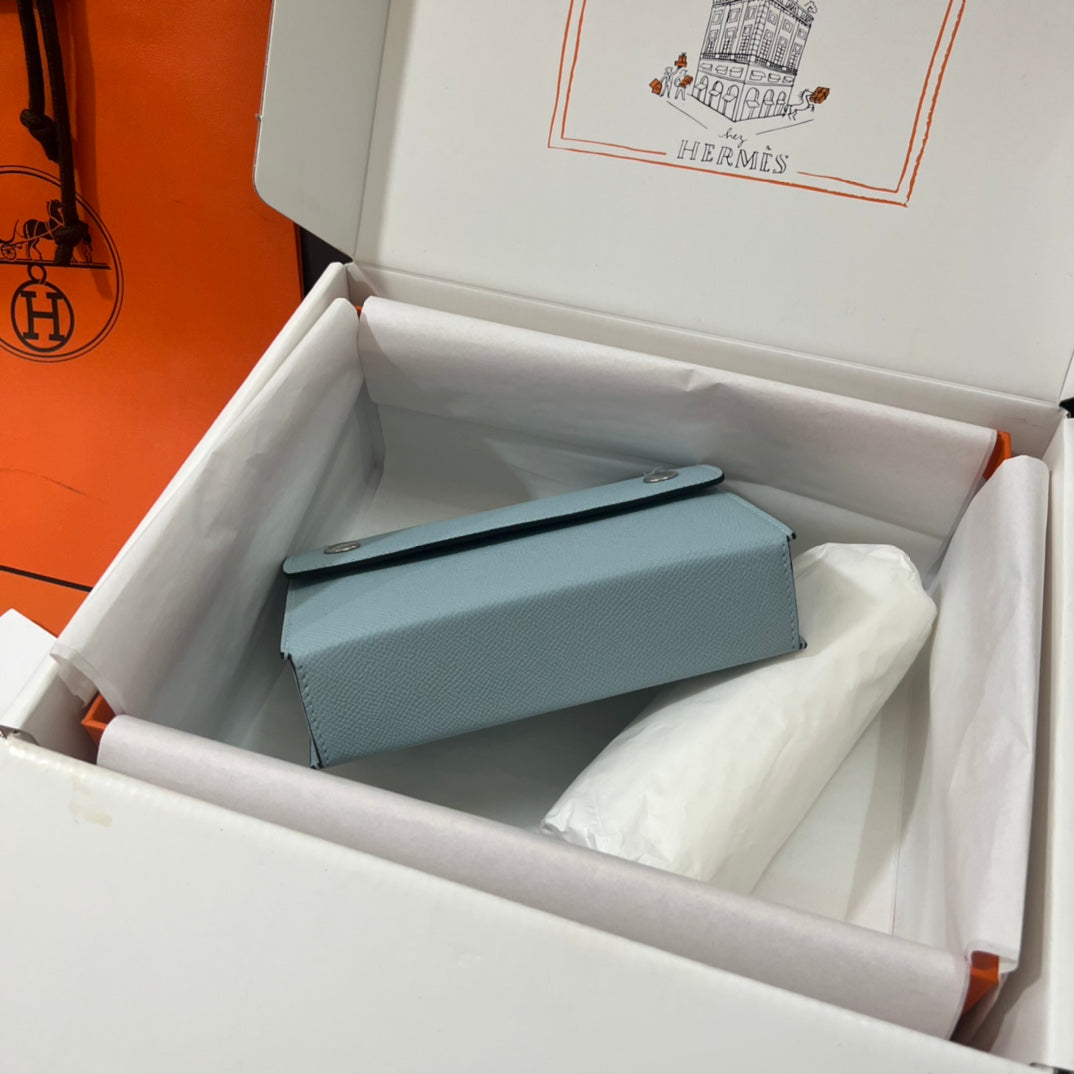 Hermès Click Mini Card Holder Wallet with Strap - Light Blue Leather