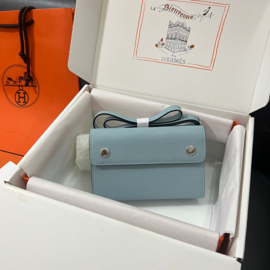 Hermès Click Mini Card Holder Wallet with Strap - Light Blue Leather
