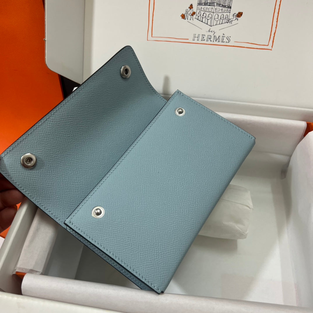 Hermès Click Mini Card Holder Wallet with Strap - Light Blue Leather