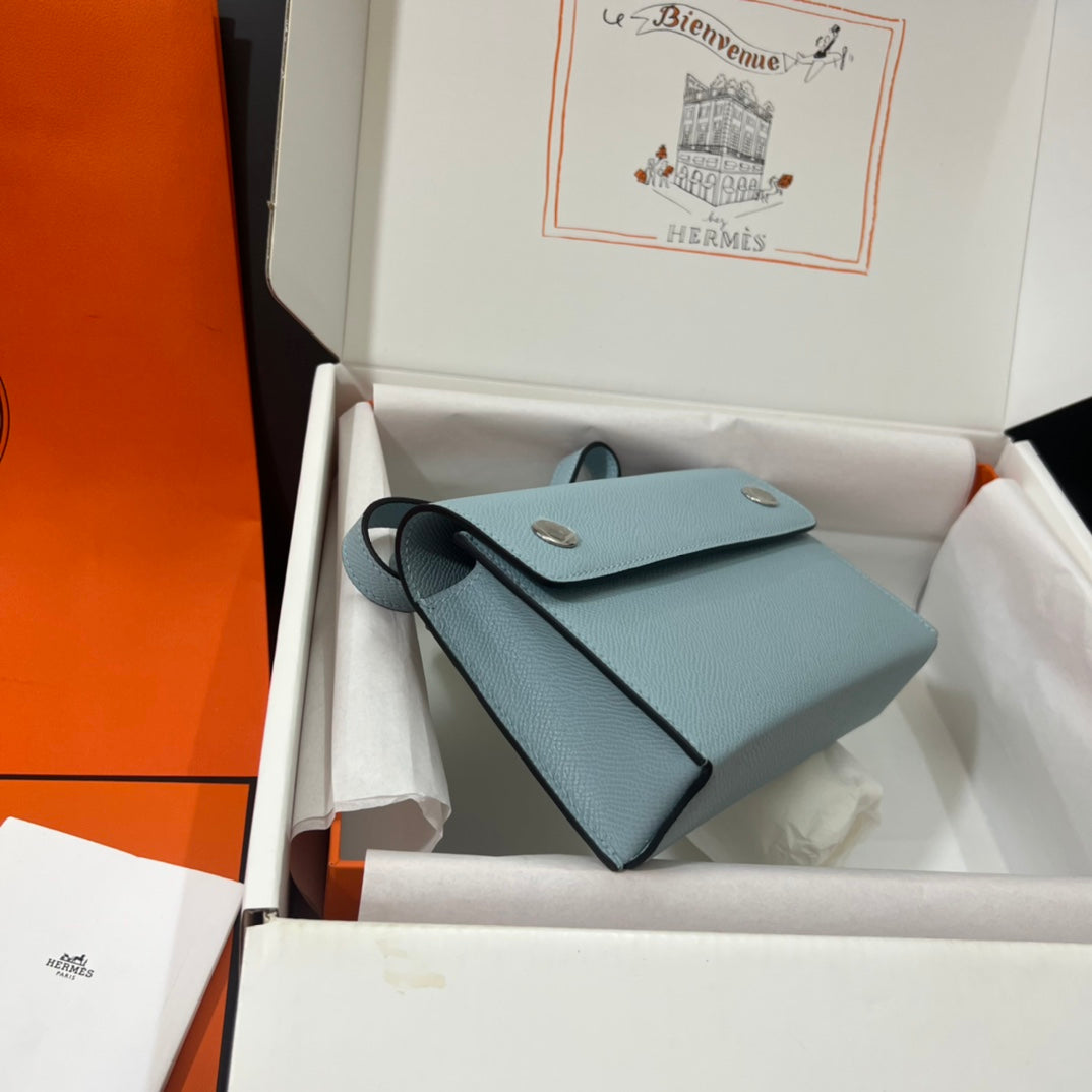 Hermès Click Mini Card Holder Wallet with Strap - Light Blue Leather