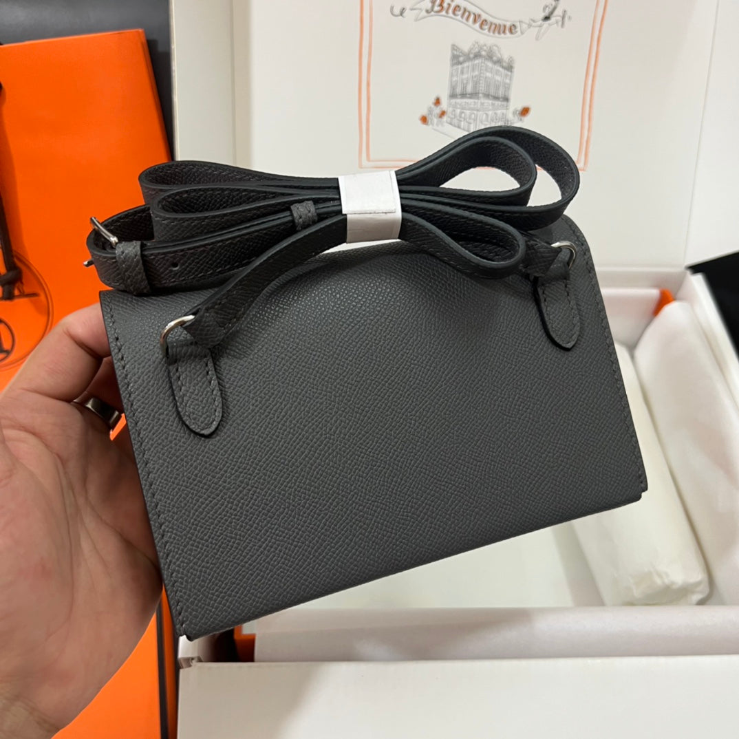 Hermès Gray Leather Crossbody Wallet Bag with Clou de Selle Snaps
