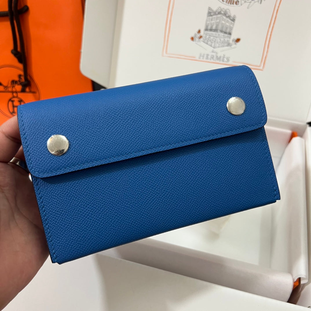 Hermès Blue Leather Card Holder Wallet - Authentic with Original Box