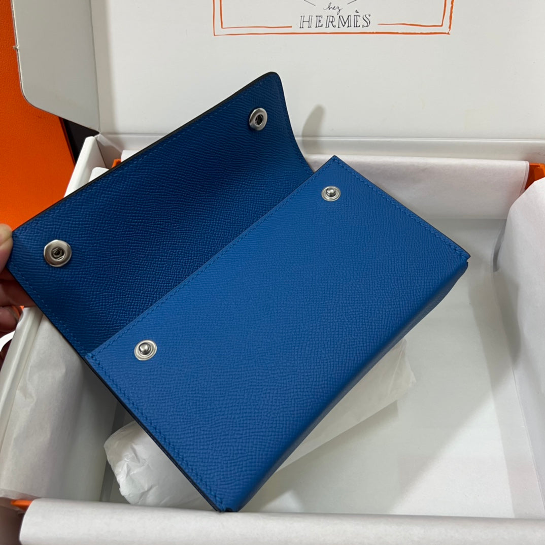 Hermès Blue Leather Card Holder Wallet - Authentic with Original Box