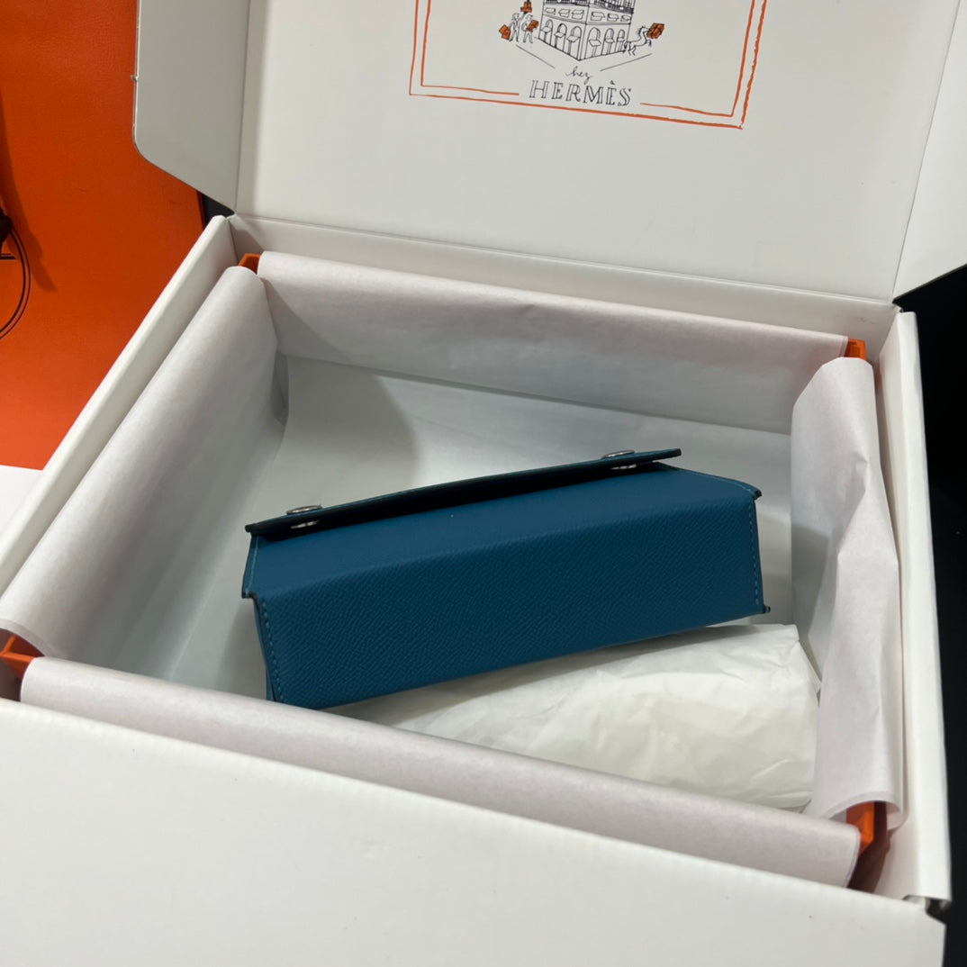 Hermès Blue Leather Card Holder with Strap - Luxury Mini Crossbody Pouch
