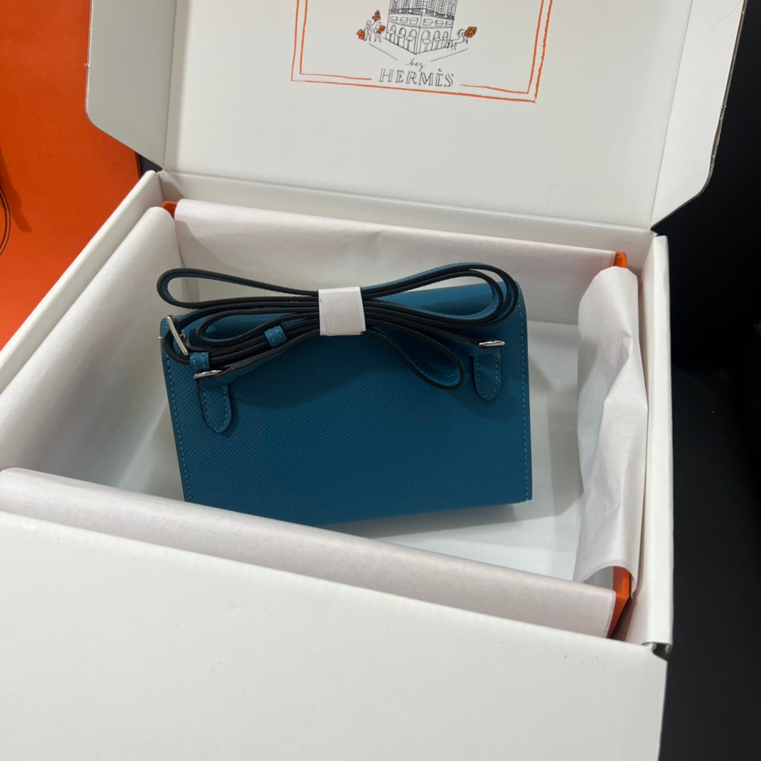 Hermès Blue Leather Card Holder with Strap - Luxury Mini Crossbody Pouch