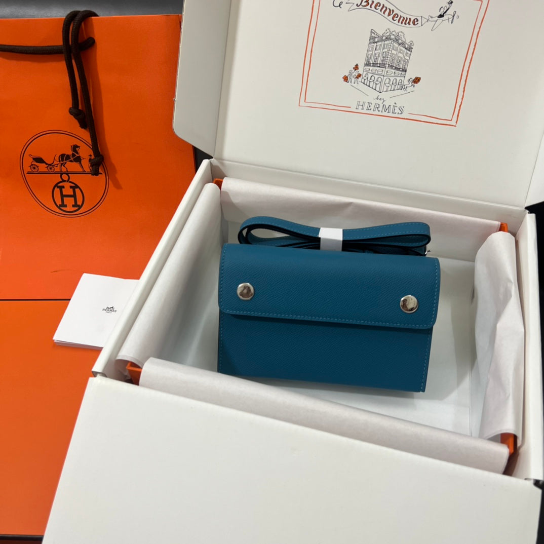Hermès Blue Leather Card Holder with Strap - Luxury Mini Crossbody Pouch