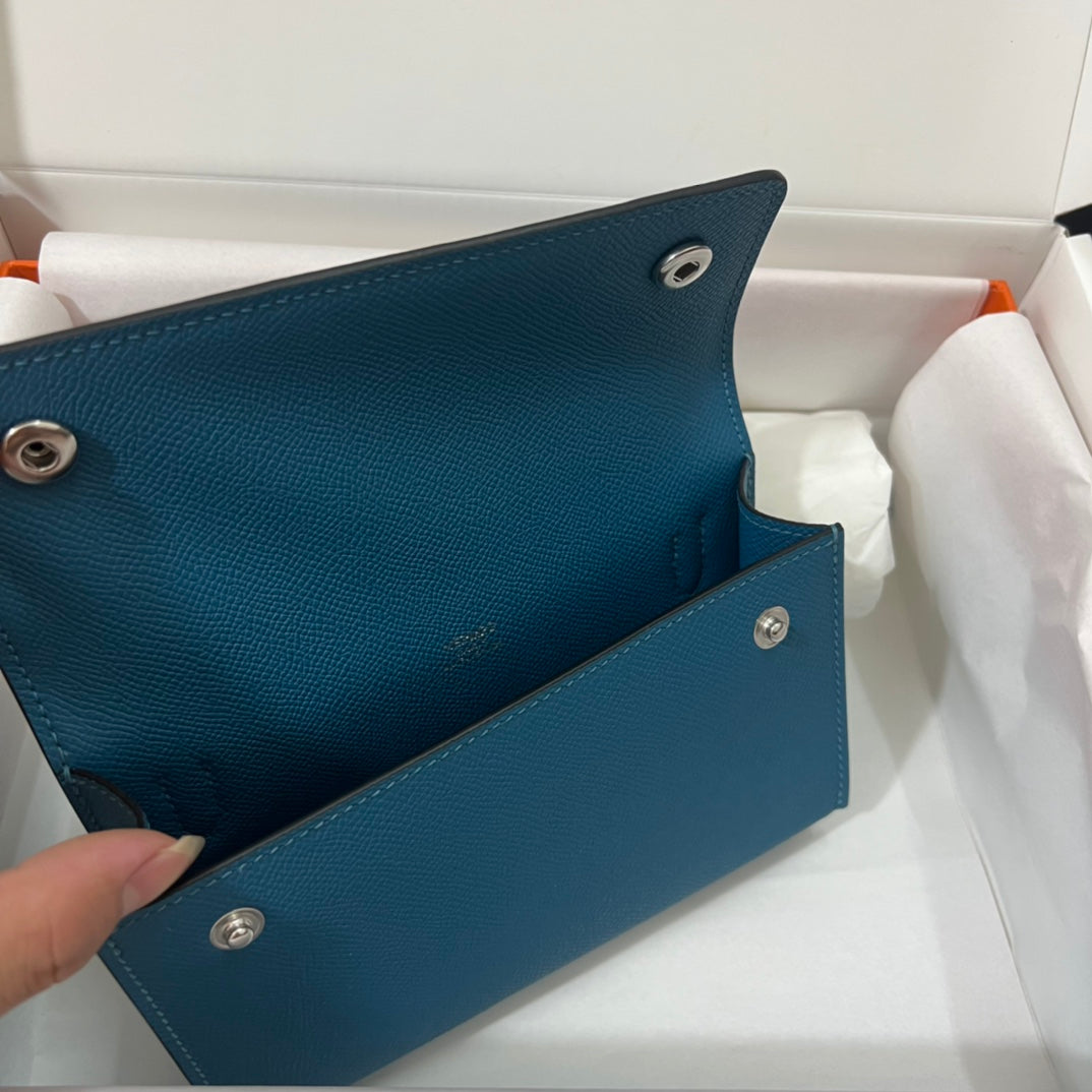 Hermès Blue Leather Card Holder with Strap - Luxury Mini Crossbody Pouch