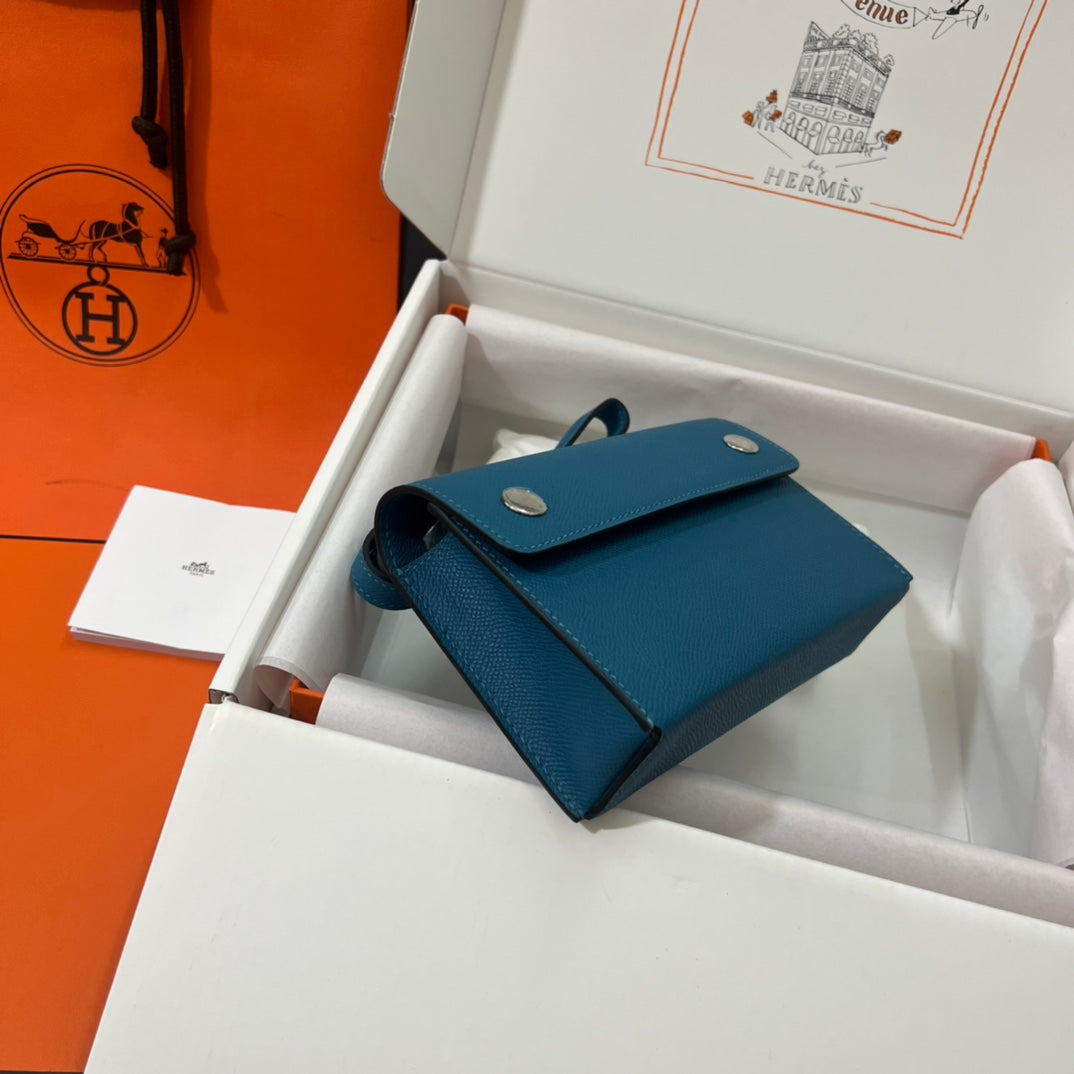 Hermès Blue Leather Card Holder with Strap - Luxury Mini Crossbody Pouch
