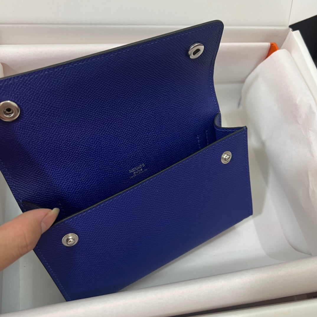 Hermès Kelly Pocket Compact Wallet - Blue Leather with Silver Hardware