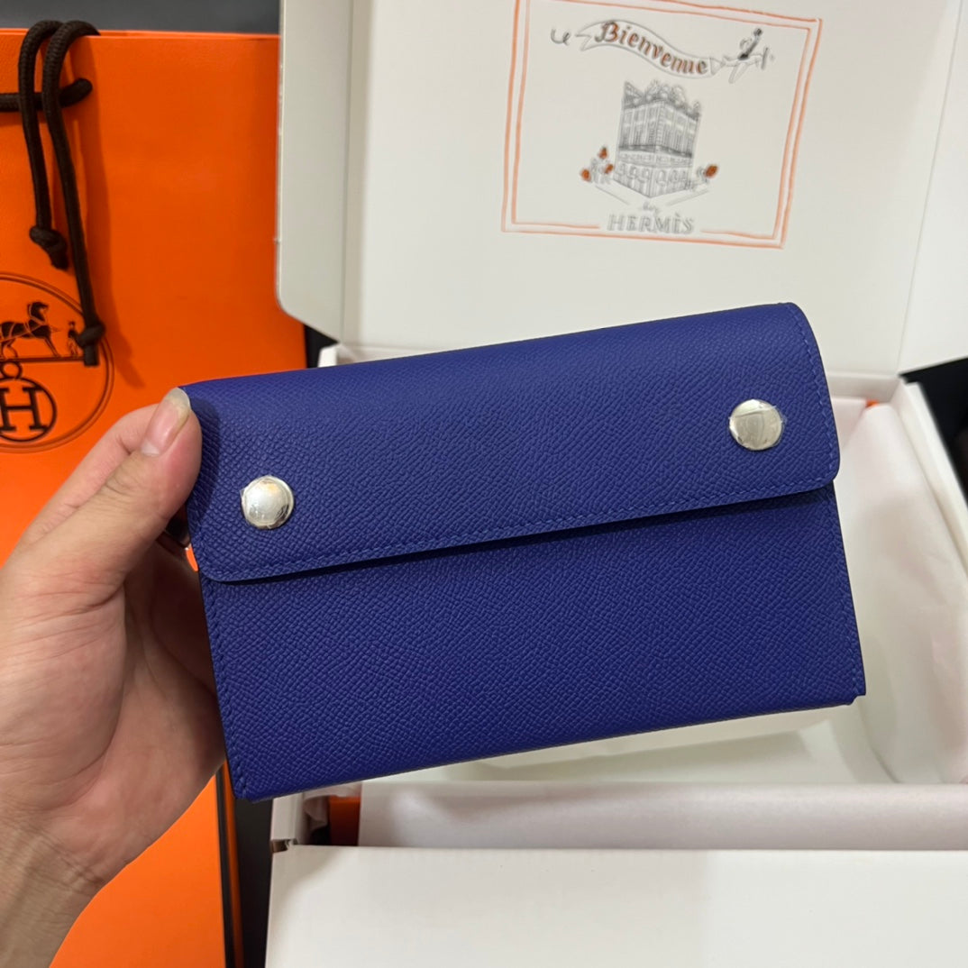 Hermès Kelly Pocket Compact Wallet - Blue Leather with Silver Hardware