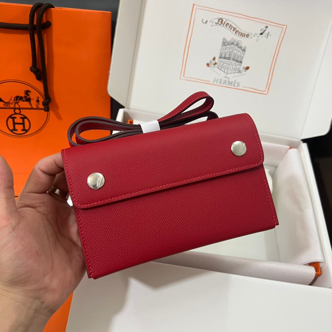 Hermès Calvi Card Holder - Red Leather Compact Wallet with Original Packaging