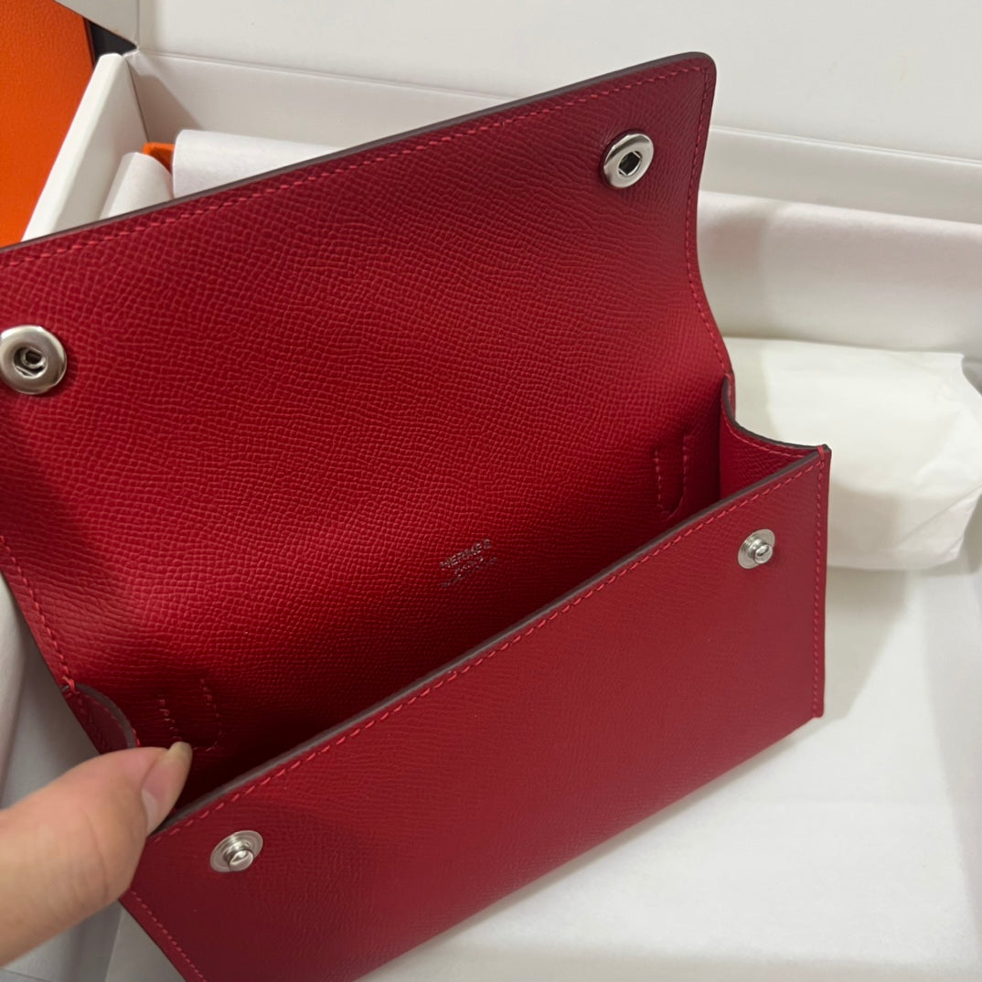 Hermès Calvi Card Holder - Red Leather Compact Wallet with Original Packaging