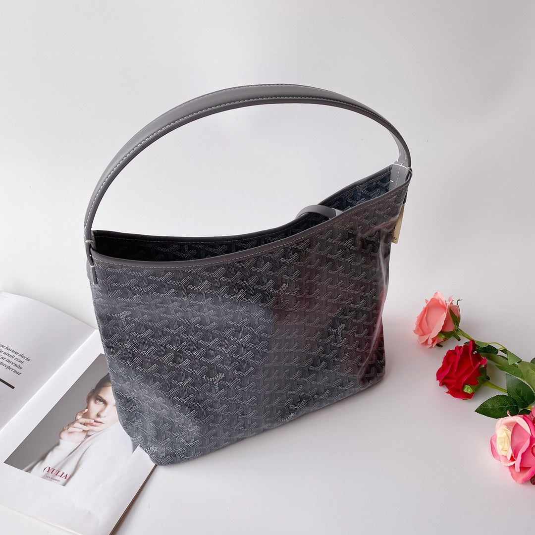 Gogy Classic Grey Chevron Pattern Canvas Hobo Bag with Single Handle