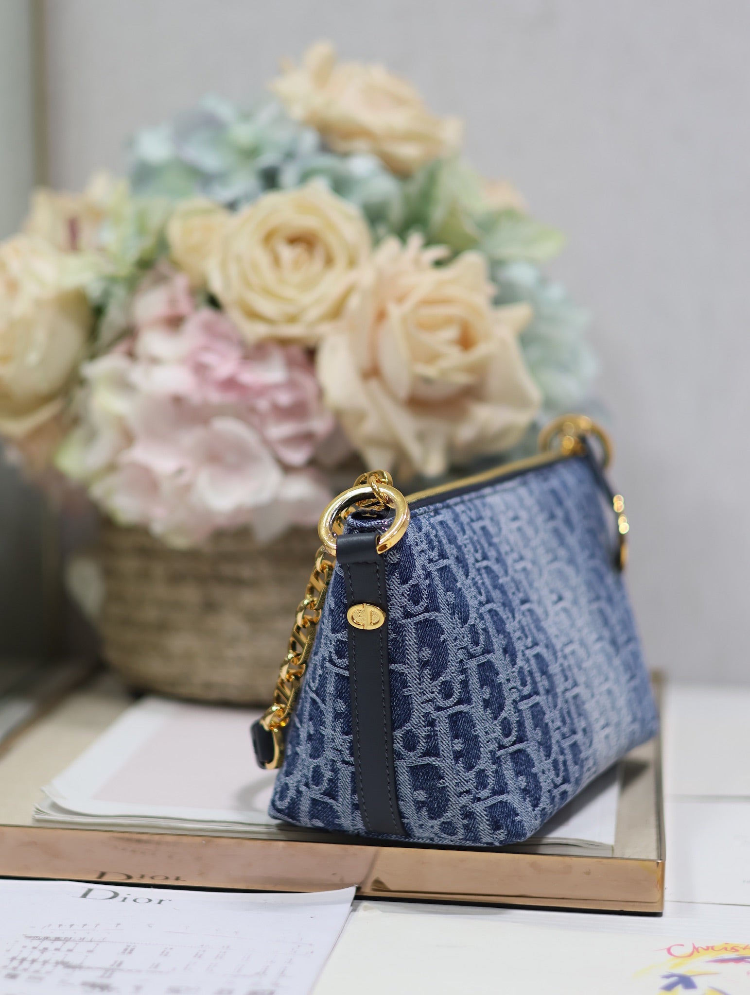 Chic Blue Monogram Oblique Hobo Bag with Gold Chain and Adjustable Shoulder Strap