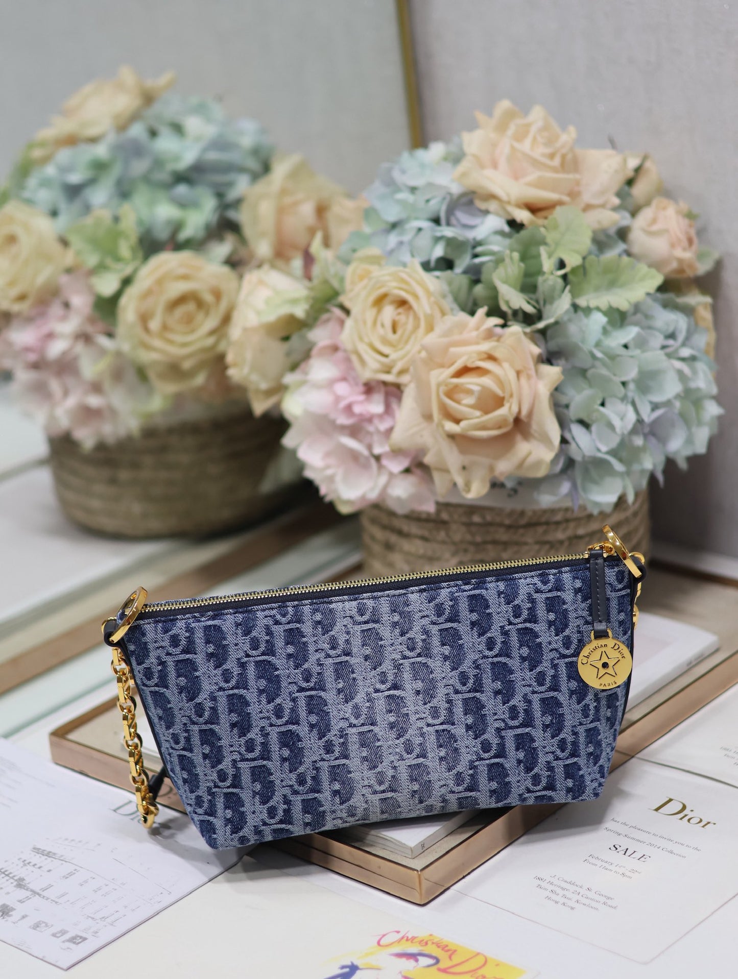 Chic Blue Monogram Oblique Hobo Bag with Gold Chain and Adjustable Shoulder Strap